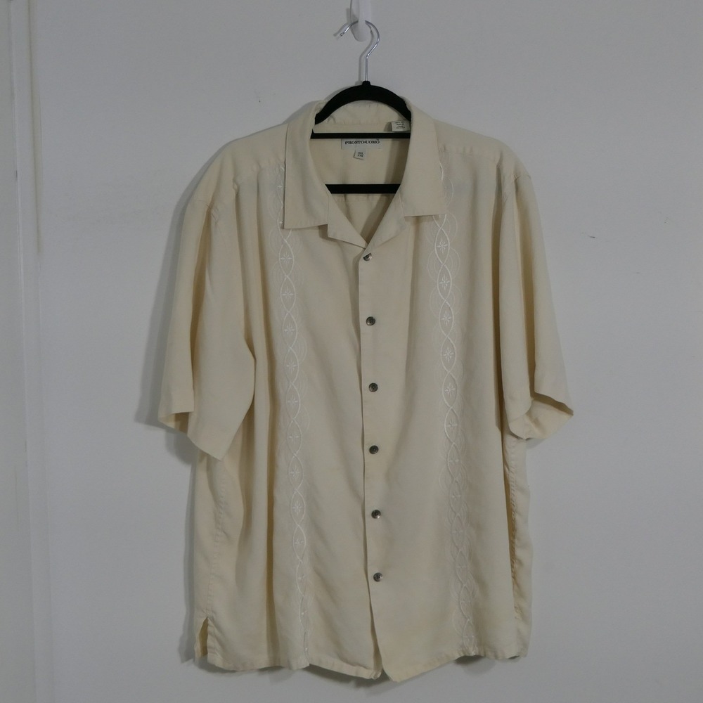 Pronto Uomo Mens Camp Shirt XXL Cream Silk Embroidered Guayabera Style Tropical